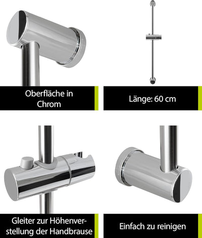 aquaSu® Brausestange Quintao | 60 cm Länge | mit Gleiter | Ø 25 mm | Kleben oder Bohren | aus Metall