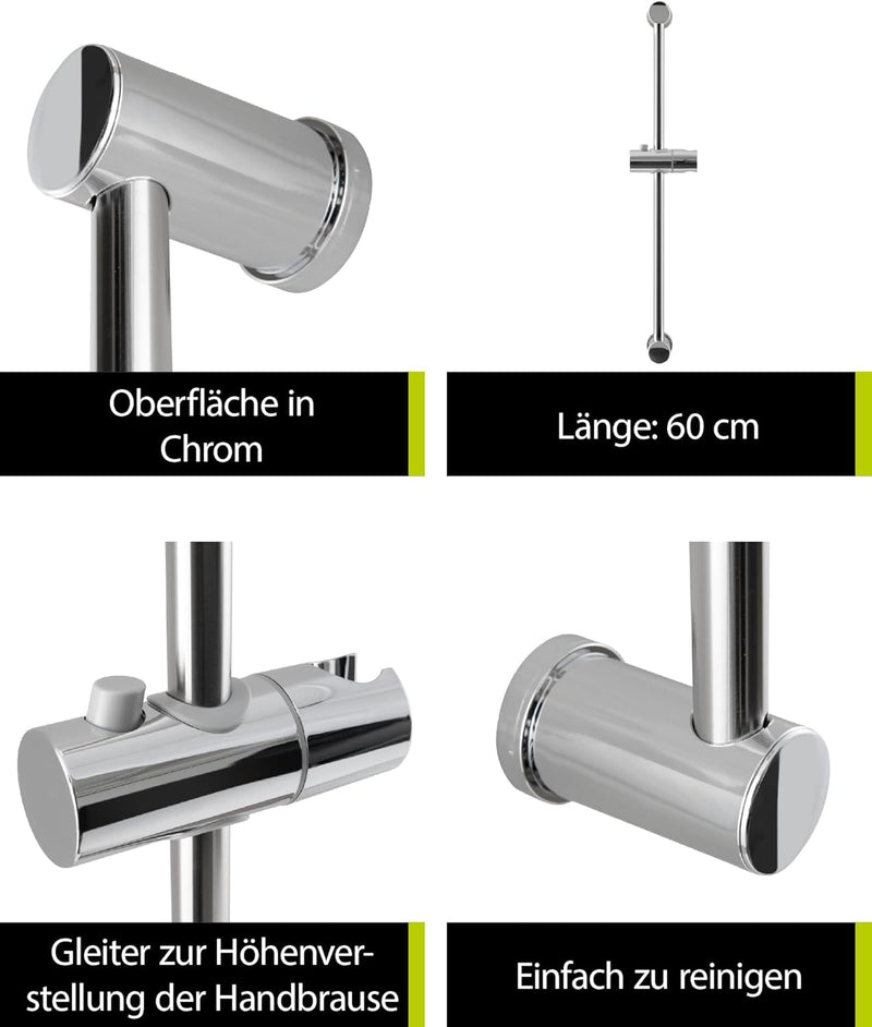 aquaSu® Brausestange Quintao | 60 cm Länge | mit Gleiter | Ø 25 mm | Kleben oder Bohren | aus Metall