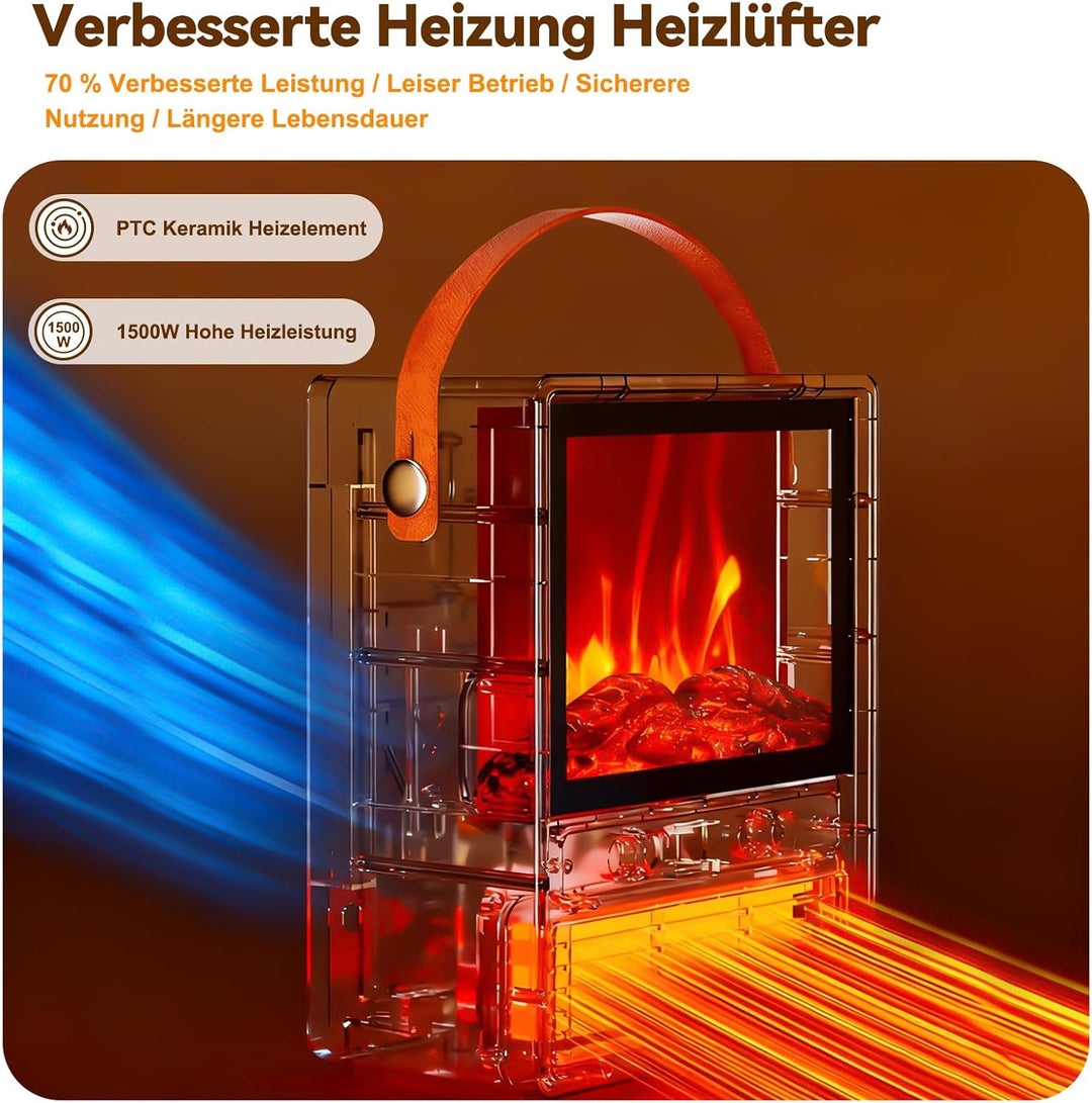 Keramik Heizlüfter Energiesparend, Kamin-Optik – 3D-Flammeneffekt, 1500W Heizung Elektrisch, 3 Stufe