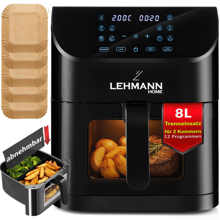 LEHMANN Heissluftfritteuse 8L, Airfryer mit Sichtfenster, Trenneinsatz für 2 Kammern, 12 Programmen,