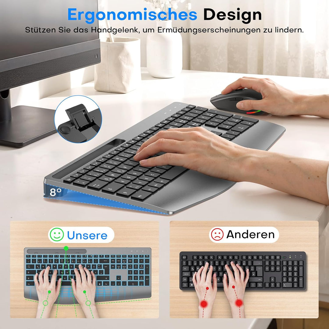 OMOTON Kabellose Tastatur und Maus Set – 2,4GHz Ergonomische Tastatur Beleuchtet mit Handballenaufla