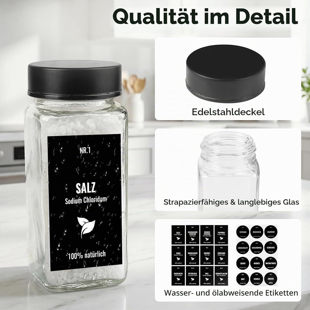 12pcs Gewürzgläser Eckig mit Edelstahldeckel, 120ml Glasbehälter mit Streueinsatz, Luftdichte Gewürz
