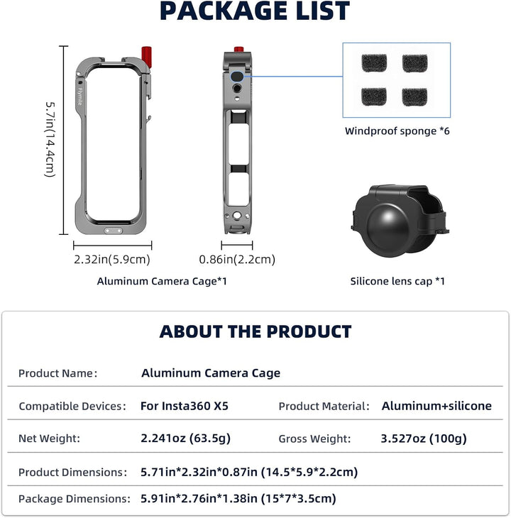 Metall-Schutzgehäuse für Insta360 X5, Schutzrahmen Case Cage Aluminiumrahmen mit Silikon-Objektivsch