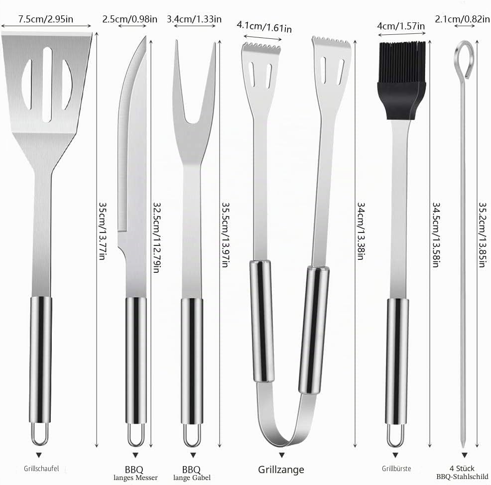 Grillbesteck BBQ Grillzubehör, 9 PCS Grill Werkzeugset Edelstahl Barbecue-Utensilien, BBQ Grillen Ko