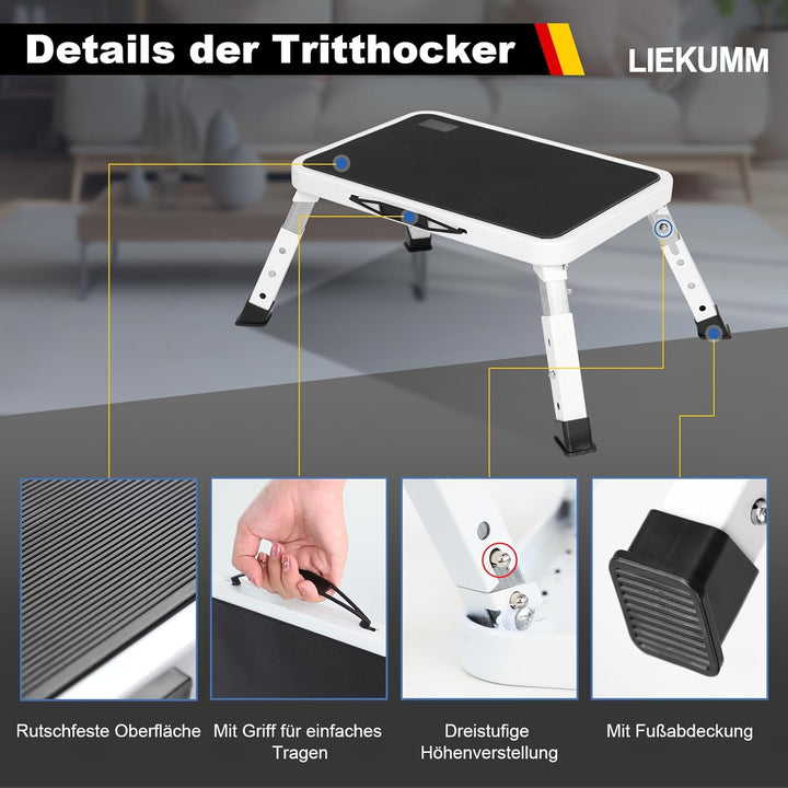 LIEKUMM 3-stufige Klappbarer Tritthocker, 150 kg Tragkraft Höhenverstellbar Tritthocker, Leichte Tri