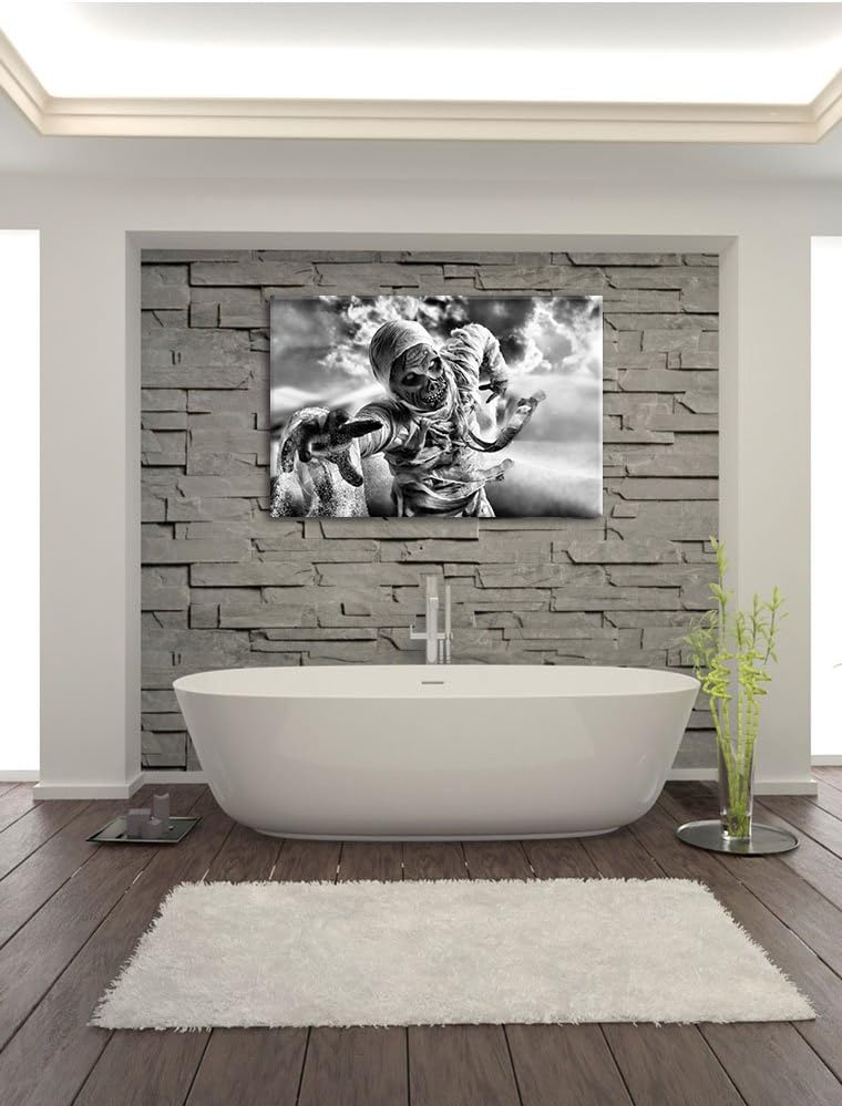 Pixxprint Monocrome, Mumie greift an, Format: 100x70 auf Leinwand, riesige Bilder fertig gerahmt mit