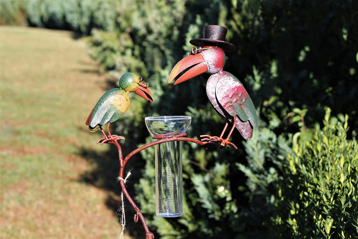 Unbekannt Regenmesser Gartenstecker Rabenpaar Vogel Metall Glas Bunt H 136 cm°