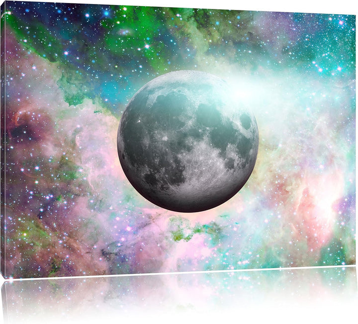 Pixxprint unser Mond im Sternenstaub / 100x70cm Leinwandbild bespannt auf Holzrahmen/Wandbild Kunstd