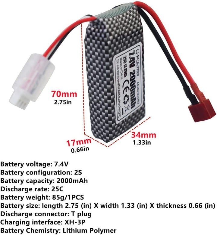 2PCS 7,4V 2000mAh T-Stecker Lithium-Akku + 2-in-1-Ladegerät für 9200 9200E HB101 200E 9202E 9203E 92