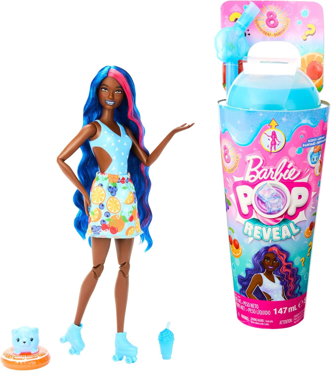 Barbie Pop Reveal Fruit - Puppe mit blauen Haaren im Fruchtpunschduft, 8 Überraschungen, duftendes S