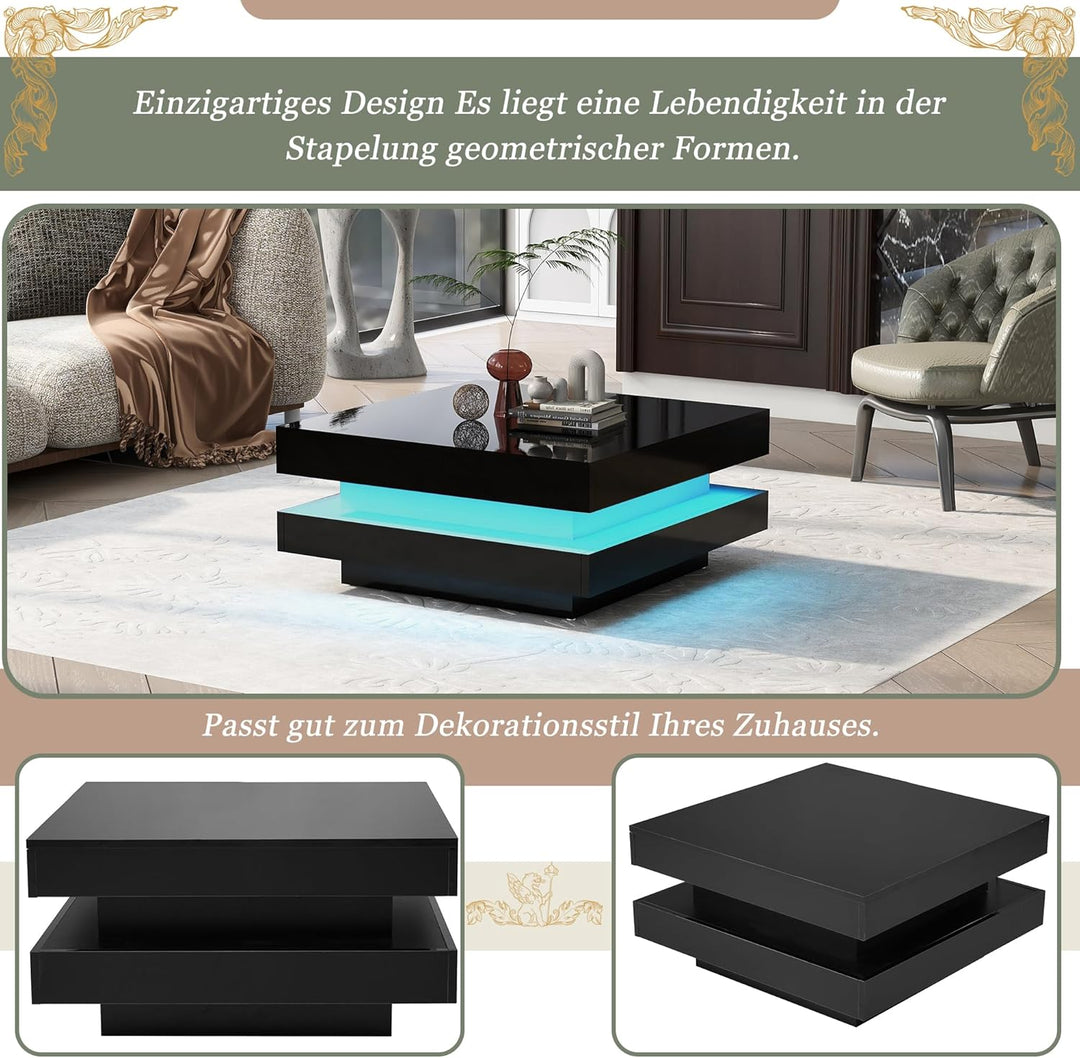 Merax Couchtisch Schwarz Hochglanz quadratischer, Moderner Wohnzimmertisch mit drehbarer Platte, Bei