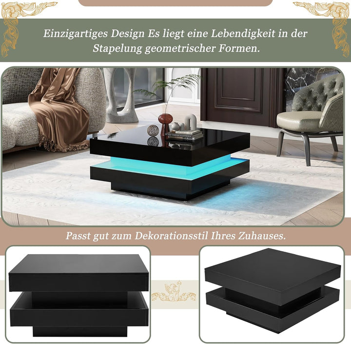 Merax Couchtisch Schwarz Hochglanz quadratischer, Moderner Wohnzimmertisch mit drehbarer Platte, Bei