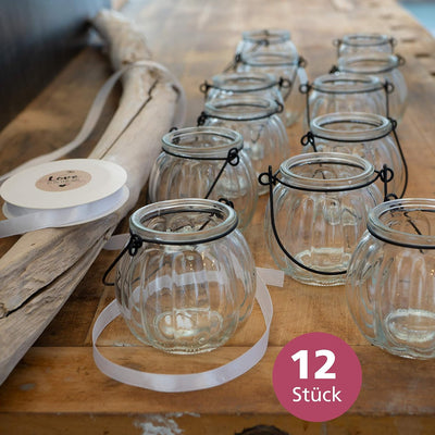WeddingTree 12 x Windlicht Glas mit Bügel und Dekoband weiss - Teelichtgläser - Einfach Abnehmbarer