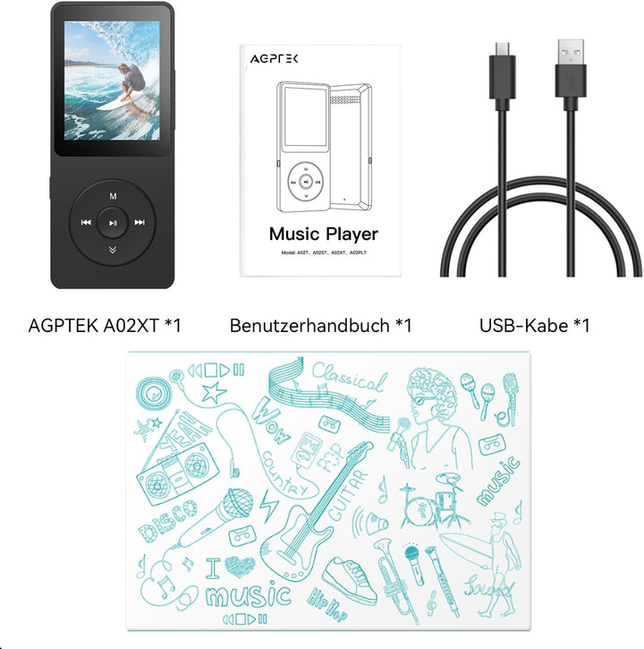 AGPTEK MP3 Player 32GB Bluetooth 5.0, 1.8 Zoll 70 Stunden Wiedergabezeit Digital Kinder MP3 Player m
