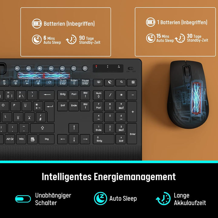 Tastatur Maus Set Kabellos, Leise 2,4 GHz Tastatur in voller Grösse mit Handballenauflage, Telefonha