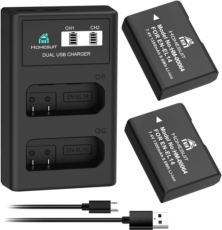 Homesuit EN-EL14 EN-EL14a Akku 1300mAh und LCD Dual Ladegerätsatz für Nikon D5600, D3300, D3500, D51