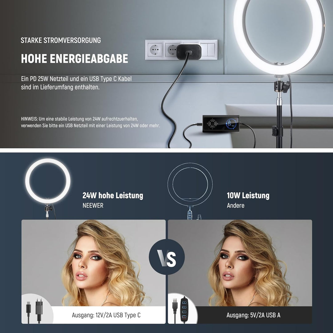 NEEWER 30,5cm(12Zoll) 24W Hochleistungs LED Ringlicht für Telefon mit 181 Zoll Halterung Bicolor 290