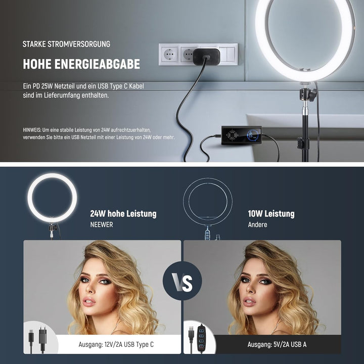 NEEWER 30,5cm(12Zoll) 24W Hochleistungs LED Ringlicht für Telefon mit 181 Zoll Halterung Bicolor 290