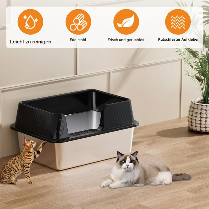 Vealind Katzenklo Edelstahl mit Deckel Gross Katzentoilette Metall Katzenklo Hoher Rand Offen Katzen