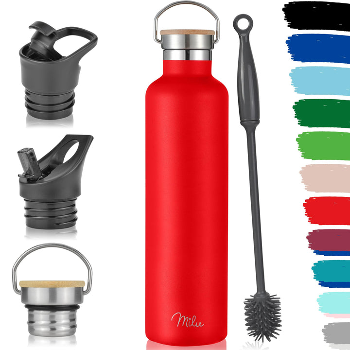 Milu Edelstahl Trinkflasche 350ml 500ml 750ml 1000ml (+3 Deckel) - Thermosflasche mit Strohhalm, Iso