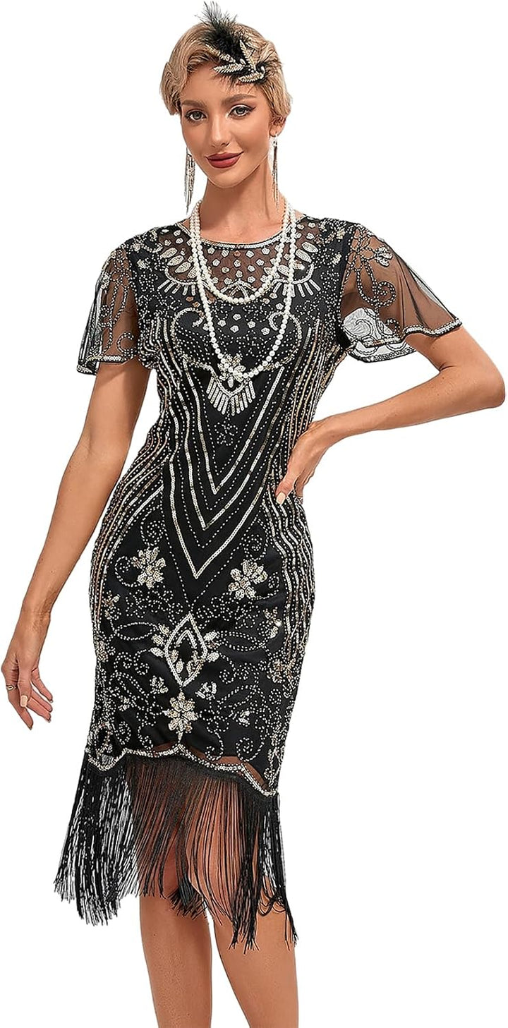 VILOREE 1920s Kleid Damen Flapper Charleston Kleid Gatsby Pailletten Cocktail Abschlussballkleid Par