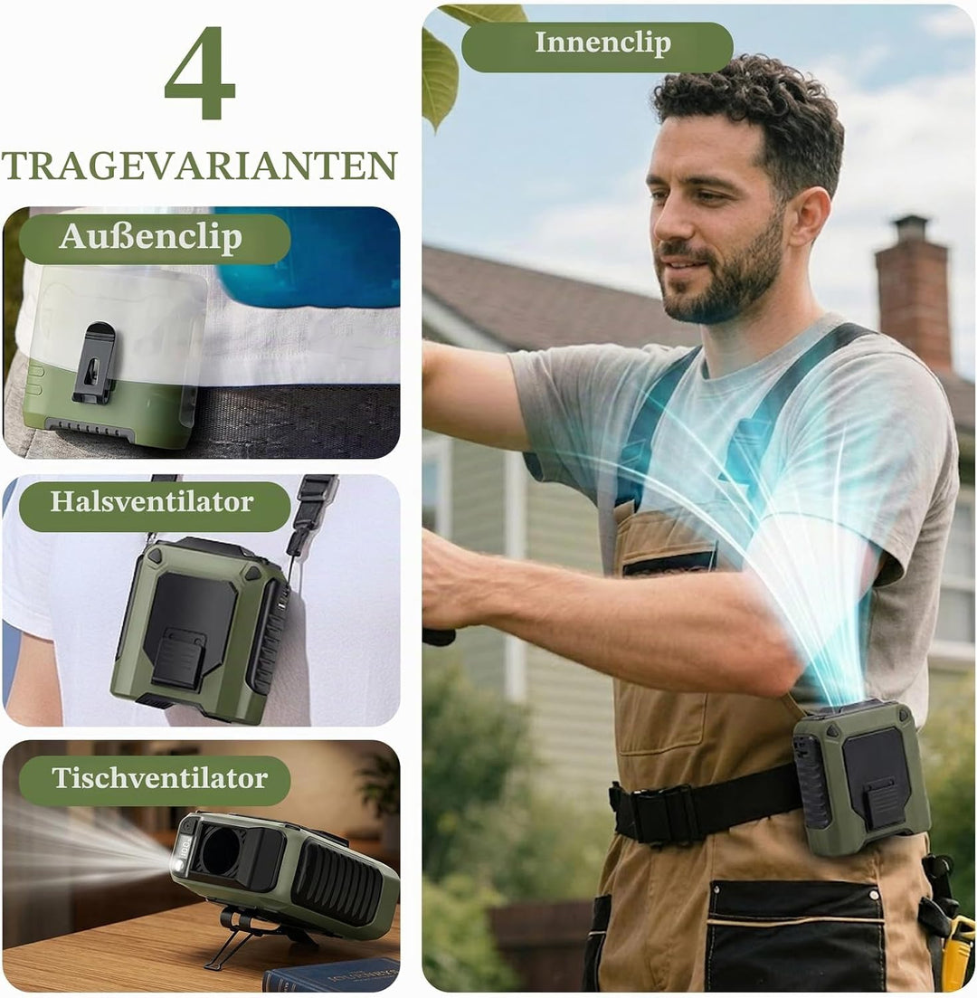 6-in-1 Taillen Clip Ventilator mit COB-Licht&Powerbank, USB Wiederaufladbar, 40 Stunden Laufzeit, Ve