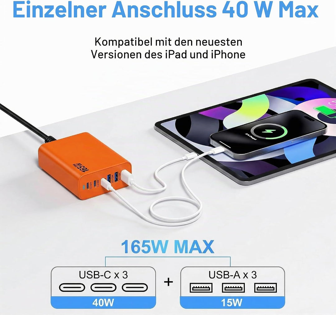 6 Ports Ladestation Schnellladegerät, 165W USB C Schnelllade Netzteil, PD Power GaN Ladegerät kompat