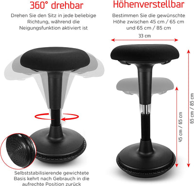 Dynaseat Ergonomischer Hocker höhenverstellbar zum Sitzen & Stehen (Schwarz, 65-85 Variante) - Sitz