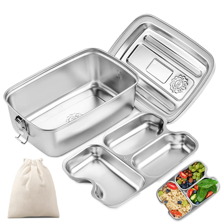 WuGU Brotdose Edelstahl, 2000ML Lunchbox Auslaufsicher Brotzeitdose mit Fächer und Dichtring, BPA-fr