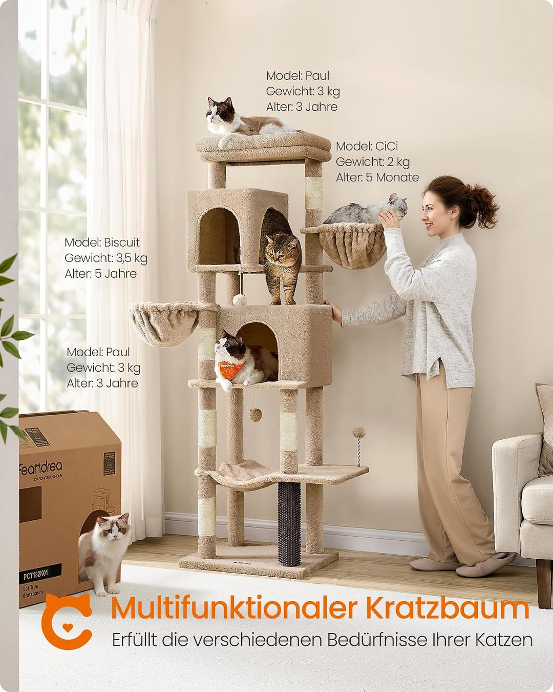 Feandrea Kratzbaum, 175 cm hoch, XL, mehrstöckiger Katzenbaum mit 2 Höhlen, 2 Liegemulden, 5 Kratzsä