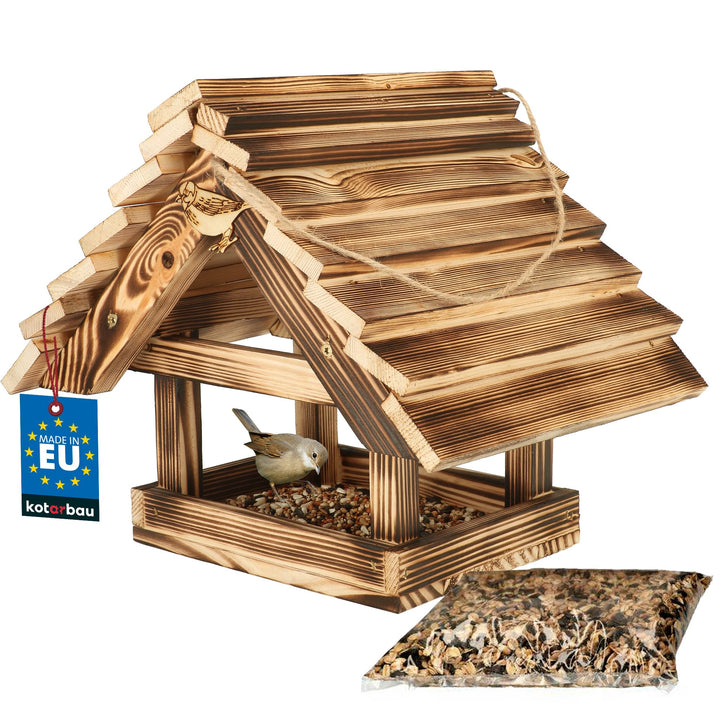 KOTARBAU® Holz-Vogelfutterhaus aus Gebranntem Holz zum Aufhängen + 0,5 kg Futter Gratis