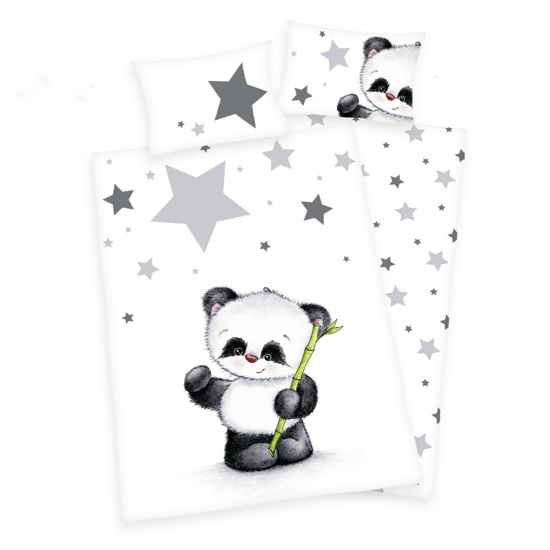 3 tlg. Baby Bettwäsche Wende Motiv Panda renforcé 100x135 cm + 40x60 cm + 1 Spannbettlaken 70x140 cm