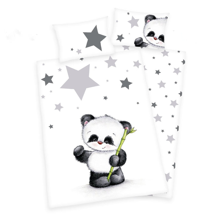 3 tlg. Baby Bettwäsche Wende Motiv Panda renforcé 100x135 cm + 40x60 cm + 1 Spannbettlaken 70x140 cm