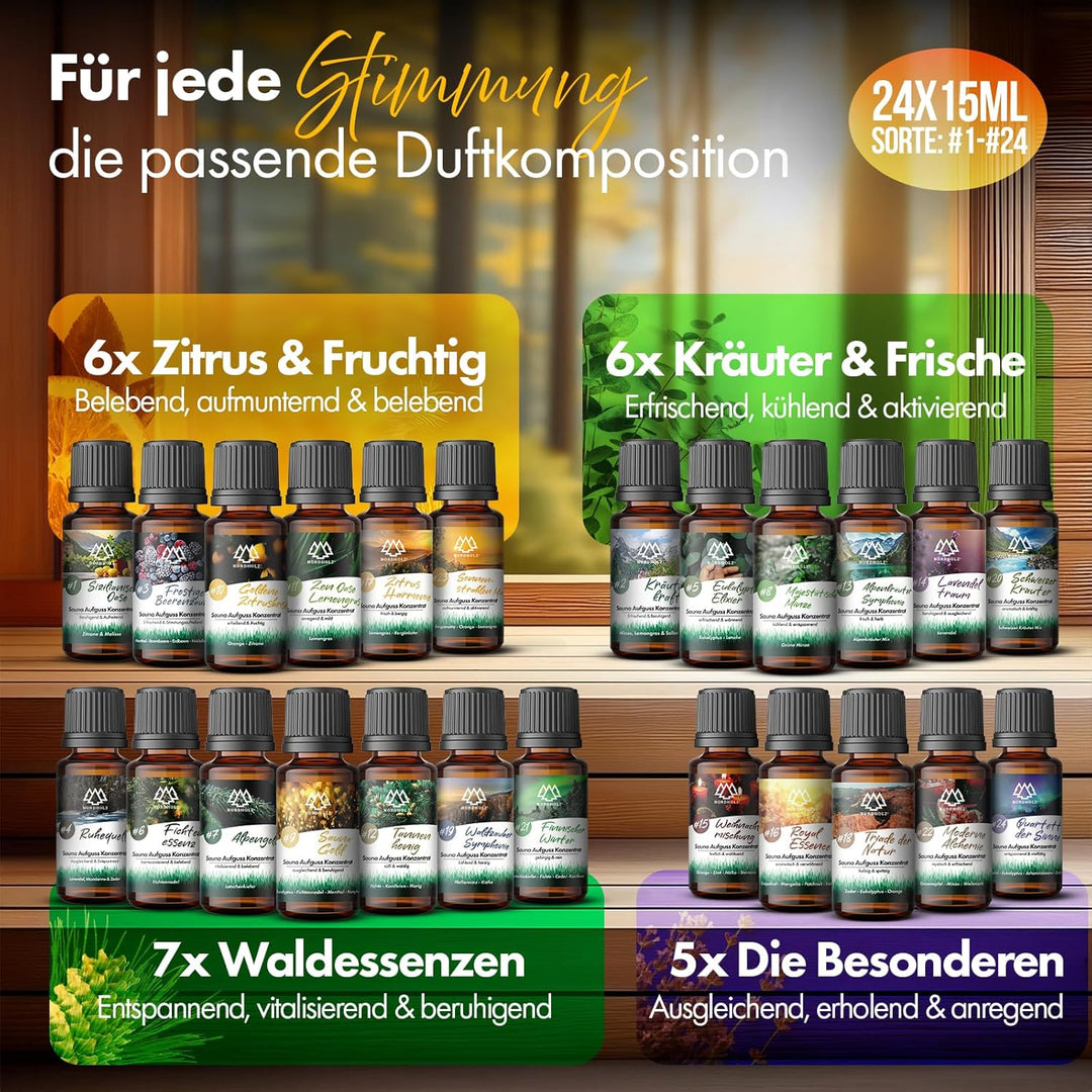 NORDHOLZ® Saunaaufguss [24x15ml] - Sauna Aufgussmittel [Geschenk Set] besonderer & natürlicher Sauna