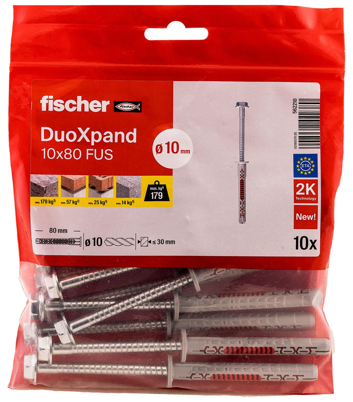 fischer DuoXpand 10 x 80 FUS R, Universaldübel mit nicht rostender Sechskantschraube & angeformter U
