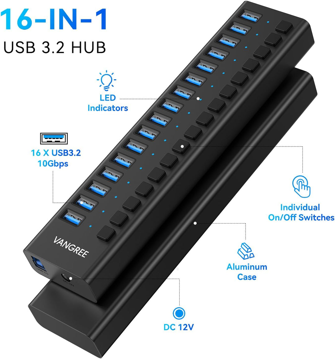 Powered USB Hub 10Gbps, 16 Ports 96W USB 3.2 Hub, Individual On/Off Switches, 12V/8A Power Adapter,