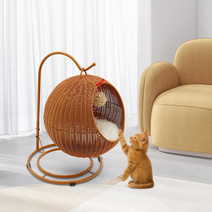 Katzenkorb hängend, Katzen Hängematte aus Rattanimitat, bequemes Katzenschaukel mit Weiches Kissen (