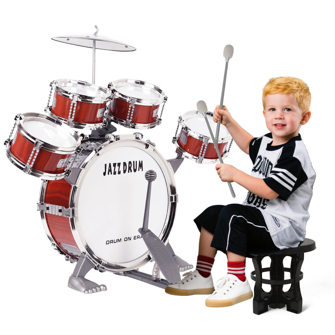 m zimoon Kinder Schlagzeug Schlagwerk Drumset, Jazztrommel Kleinkind Spielzeug 5 Trommeln mit Hocker