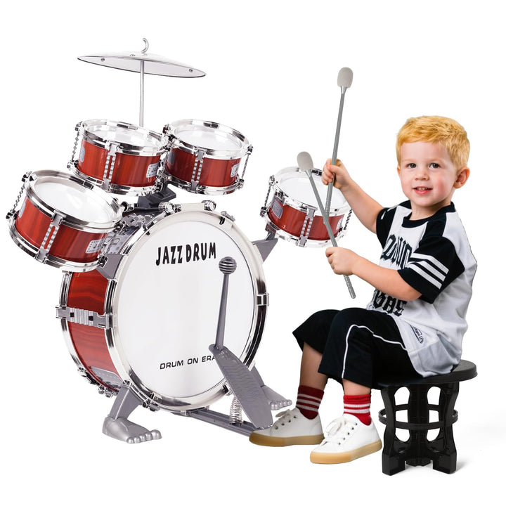 m zimoon Kinder Schlagzeug Schlagwerk Drumset, Jazztrommel Kleinkind Spielzeug 5 Trommeln mit Hocker