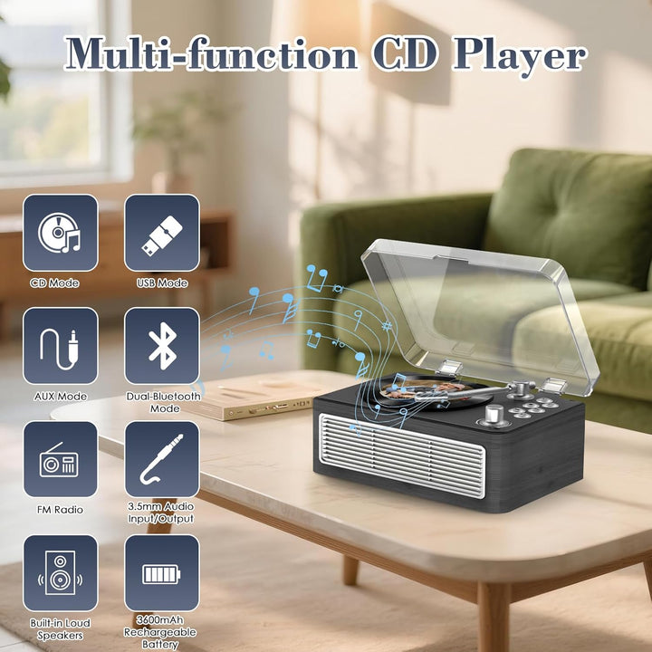 Gueray Tragbarer Bluetooth CD-Player mit Lautsprechern 3600mAh Wiederaufladbarer Vintage CD Spieler