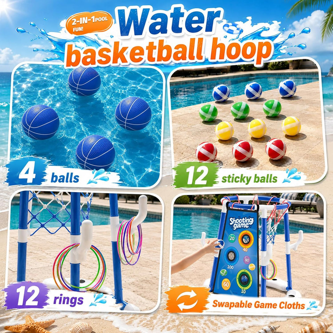 Sternstunde Pool Basketballkorb Kinder mit 4 Basketballs, 12 Wurfringen, 12 Klebebällen und 2 Velour