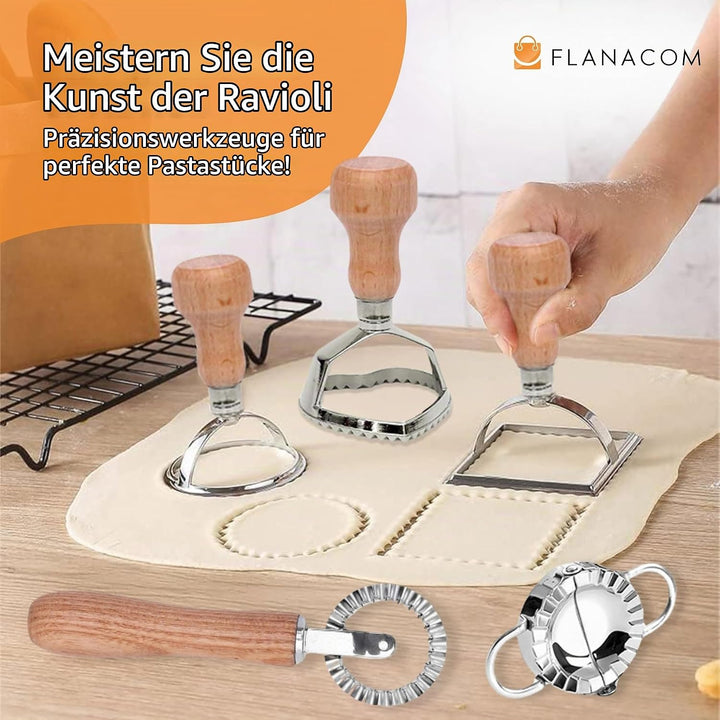 Ravioli Ausstecher Set mit Teigtaschenformer und Teigrädchen - aus hochwertigem Buchenholz und rostf