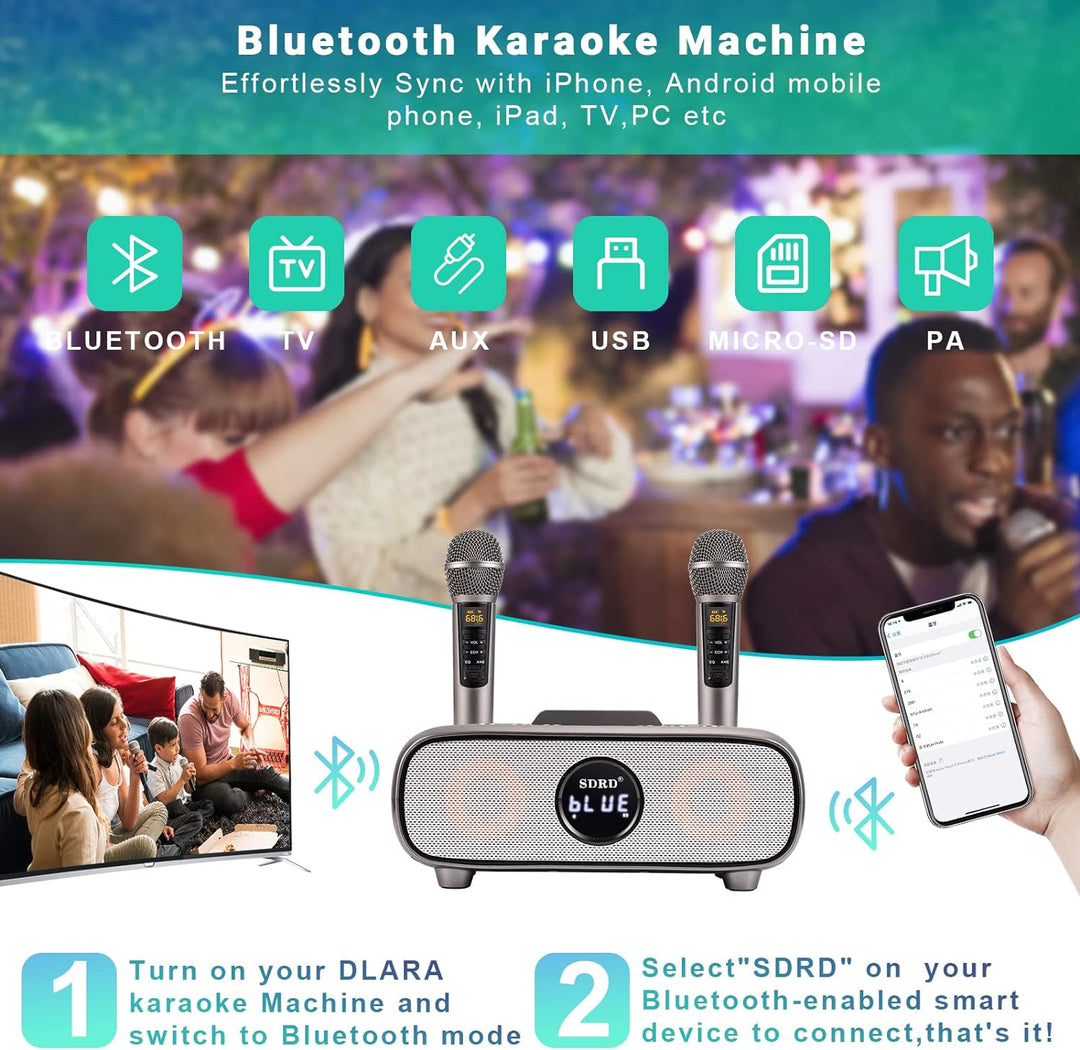 Karaoke Maschine,Bluetooth Karaoke Anlage für Erwachsene und Kinder, Tragbares PA-System mit 2 Mikro