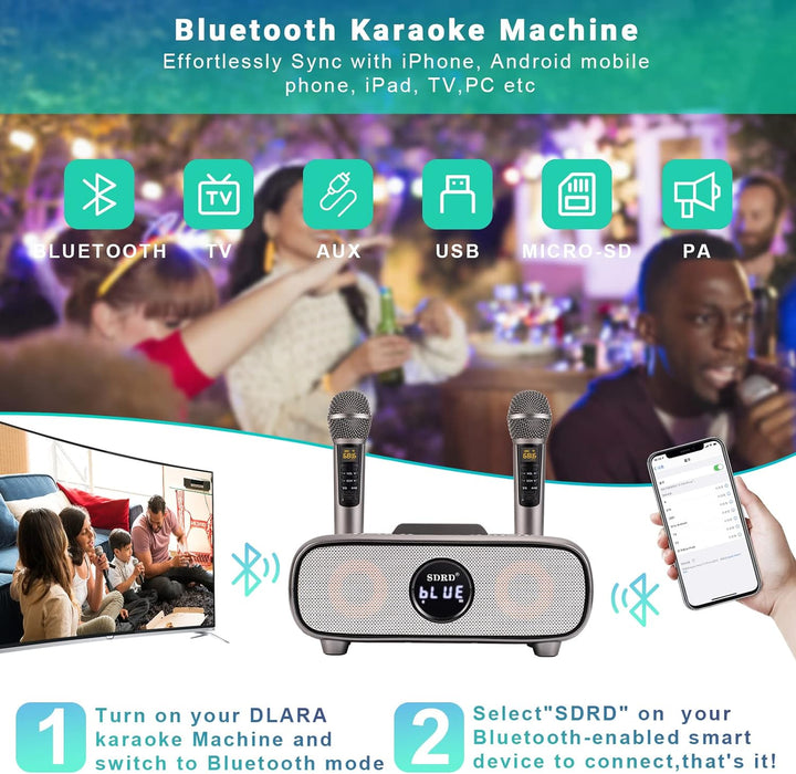 Karaoke Maschine,Bluetooth Karaoke Anlage für Erwachsene und Kinder, Tragbares PA-System mit 2 Mikro