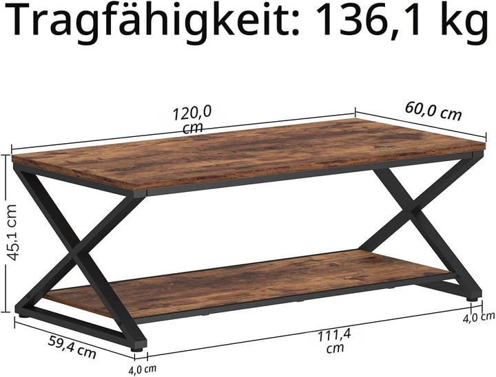 HSH Braun Couchtisch mit Ablage, industrieller Metall-Holz-Wohnzimmertisch, Bauernhaus, minimalistis