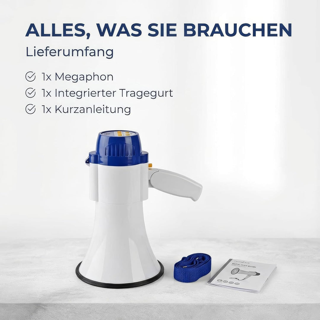 Megaphon - Maximale Reichweite: 1500 m - max. Lautstärke-Regler: 120 dB - Abnehmbares Mikrofon - Ein