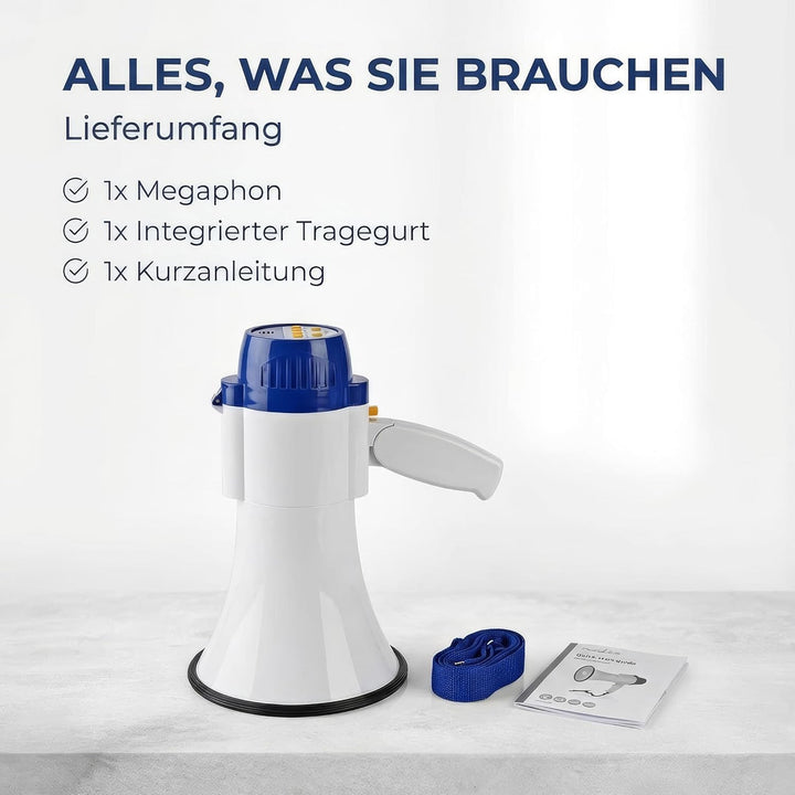 Megaphon - Maximale Reichweite: 1500 m - max. Lautstärke-Regler: 120 dB - Abnehmbares Mikrofon - Ein