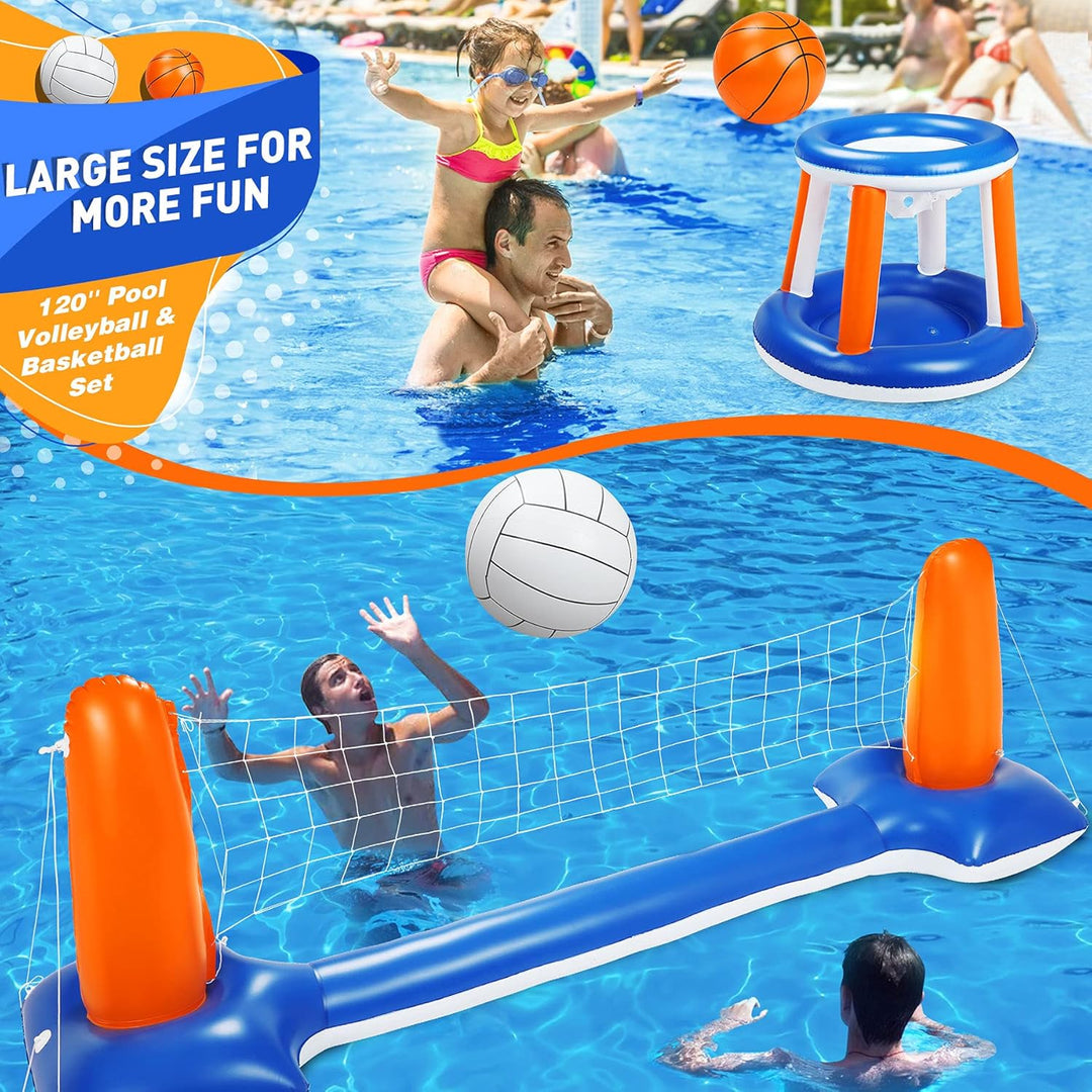 Subtail Aufblasbares Volleyball-Set, 290 cm Aufblasbares Pool Schwimmset Inklusive Basketballkorb-Se