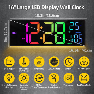 HAITANG Digitale Wanduhr in 8 Farben, 41,1 cm, grosse Digitaluhr mit Temperatur, Datum, automatische