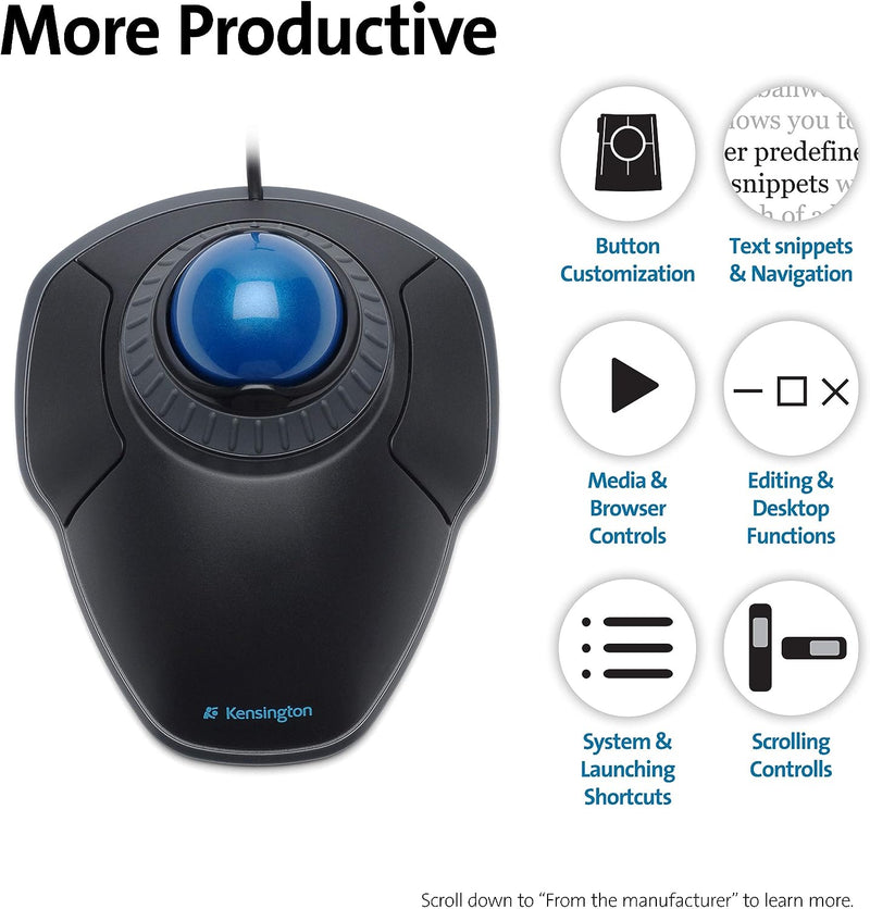 Kensington Orbit TrackBall, Kabelgebundene ergonomische TrackBall-Maus mit Scroll-Ring, 40 mm Kugel,